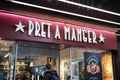 Exterior shot of Pret A Manger take away sandwich and coffee shop with customer entering