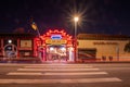 Exterior of sidewalk Chinatown Central Plaza neon lights of building in Los Angeles, California