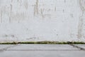 Exterior textured decorative white wall with moss at base of building, close-up. Empty space
