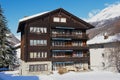 Exterior of the traditional wooden chalet in Zermatt, Switzerland.