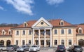 Exterior of the train station building in Sighisoara on a sunny day in spring.