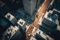 exterior urban landscape of tall buildings and roads at aerial view of busy city street