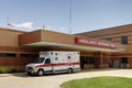 Exterior view of an ambulance and emergency room entrance at a hospital in Missouri