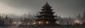 Exterior view of ancient beautiful pagoda building framed by old buildings and forest on background with cloudy sky. AI Royalty Free Stock Photo