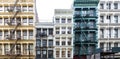 Exterior view of a block of colorful old historic buildings along Greene Street in the SoHo neighborhood in New York City with Royalty Free Stock Photo