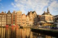 Exterior view of buildings at Damrak street in the old town part Royalty Free Stock Photo