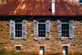 Derelict Wood Shutters + Windows + Sandstone Wall + Rusty Tin Roof - Abandoned Rising Zion Baptist Church - Virginia