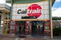 Exterior view and and entrance door of San Francisco 4th and King Street terminus station of Caltrain