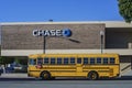 Exterior view of the famous Chase Bank and yellow school bus