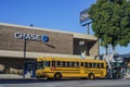 Exterior view of the famous Chase Bank and yellow school bus