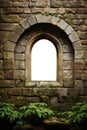 exterior view of a Gothic arch stone medieval window. Brick, stone wall. Isolated transparent background. green leaves.