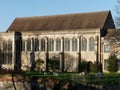 Exterior view of the Great Hall and the garden of the Eltham Palace, England.