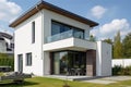 Exterior view of a modern detached house with terrace and a well-kept garden created with generative AI technology