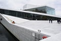 Oslo, Norway, September 2022: Exterior view of the modern Oslo Opera House building, with people walking on the roof. Royalty Free Stock Photo