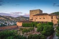 Exterior view of Nasrid Palaces of Alhambra at sunset - Granada, Andalusia, Spain Royalty Free Stock Photo