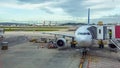 Exterior view of the runway and lift and maintenance of aircraft at Lisbon airport