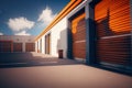 Exterior view of a self storage units row. Individual storage unit metal roll up doors. Generative Ai Royalty Free Stock Photo