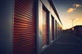 Exterior view of a self storage units row. Individual storage unit metal roll up doors. Generative Ai Royalty Free Stock Photo