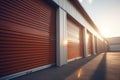 Exterior view of a self storage units row. Individual storage unit metal roll up doors. Generative Ai Royalty Free Stock Photo