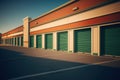 Exterior view of a self storage units row. Individual storage unit metal roll up doors. Generative Ai Royalty Free Stock Photo