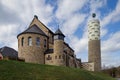 Exterior view of St. Barbara Church in Overath. Unique architecture featuring a bell tower designed like a mining headframe Royalty Free Stock Photo