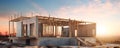 Exterior view of an unfinished house on a construction site at sunset. Concept Sunset, Construction Site, Unfinished House,