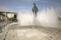 Exterior view of water fountain on plaza in front of Dorothy Chandler Pavilion and Music Center in downtown Los Angeles