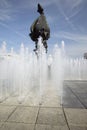 Exterior view of water fountain on plaza in front of Dorothy Chandler Pavilion and Music Center in downtown Los Angeles