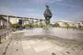 Exterior view of water fountain on plaza in front of Dorothy Chandler Pavilion and Music Center in downtown Los Angeles