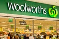 Exterior view of Woolworths supermarket. Woolworths is an Australian supermarket, retail and consumer services chain