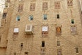 Exterior wall of the mud brick tower house in Shibam, Hadramaut valley, Yemen.