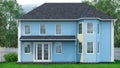 Exterior of wooden house with asphalt shingle roofing.