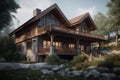 Exterior of wooden private house with stone base. Traditional chalet architecture