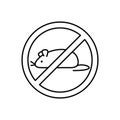 Extermination of rodents icon. Linear logo of crossed out small mouse in circle. Black simple illustration for house disinfection