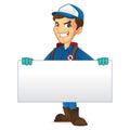 Exterminator holding blank sign