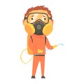 Exterminator in orange protection uniform and face mask, pest control service cartoon vector illustration