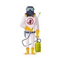 Exterminator Wearing Protection Uniform and Gas Mask with Pressure Sprayer, Male Worker of Pest Control Service Vector