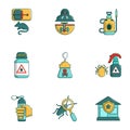 Exterminators of insects icons set, cartoon style