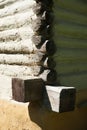 External corner of log walls, dovetail notched, to rustic house