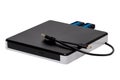 External DVD CD usb burner drive and player with integrated USB interfaces (two connected), SD TF and micro. Clipping Royalty Free Stock Photo