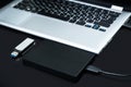 External hard drive connected to the laptop and USB flash drive Royalty Free Stock Photo