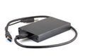 External hard drive disc with usb 3.0 cable, black. Best way of data storage on portable hdd. Close-up side left view isolated on Royalty Free Stock Photo