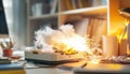 External hard drive burning with smoke and sparks in home office Royalty Free Stock Photo