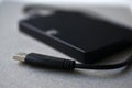 External hard drive with usb cable on a gray background Royalty Free Stock Photo
