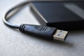 External hard drive with usb cable on a gray background Royalty Free Stock Photo