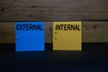 External and Internal write on a sticky note isolated on wooden background Royalty Free Stock Photo