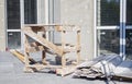 External thermal insulation of the building at the construction site with expanded polystyrene sheets. The process of work and the Royalty Free Stock Photo