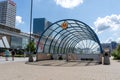 External view of the entrance to the subway station in Center Warsaw. Modern metro entrance.