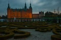 External view of Frederiksborg Castle - palace in Hillerod, Denmark. Renaissance Frederiksborg castle reflected in the lake in Royalty Free Stock Photo