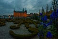 External view of Frederiksborg Castle - palace in Hillerod, Denmark. Renaissance Frederiksborg castle reflected in the lake in Royalty Free Stock Photo